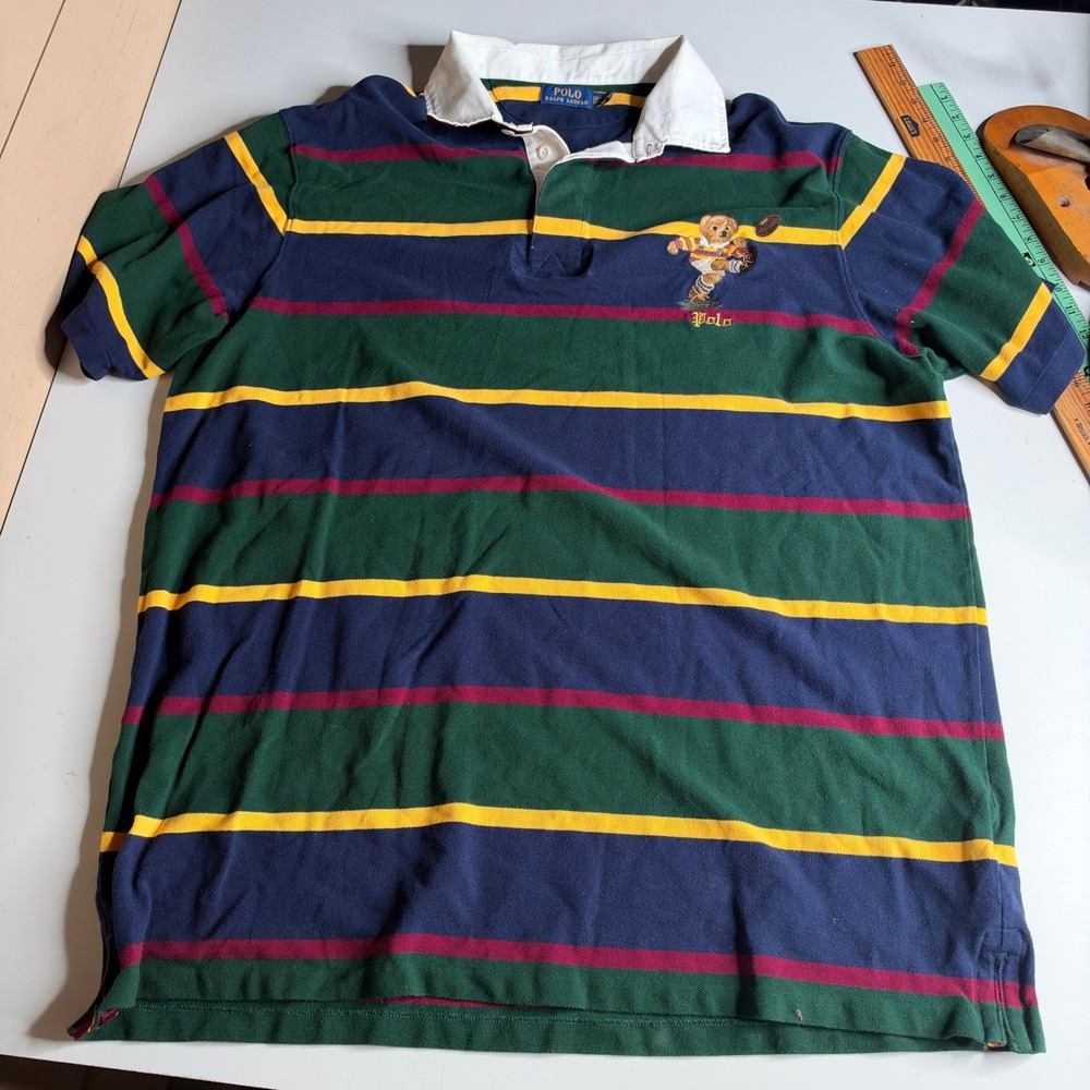 Polo Ralph Lauren Polo Bear Football Rugby Shirt Striped 2XLT Mens Navy Green